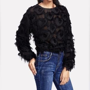 Shein Black Top Eyelash Fringe Sheer Lace Long Sleeve Women’s Sz XL